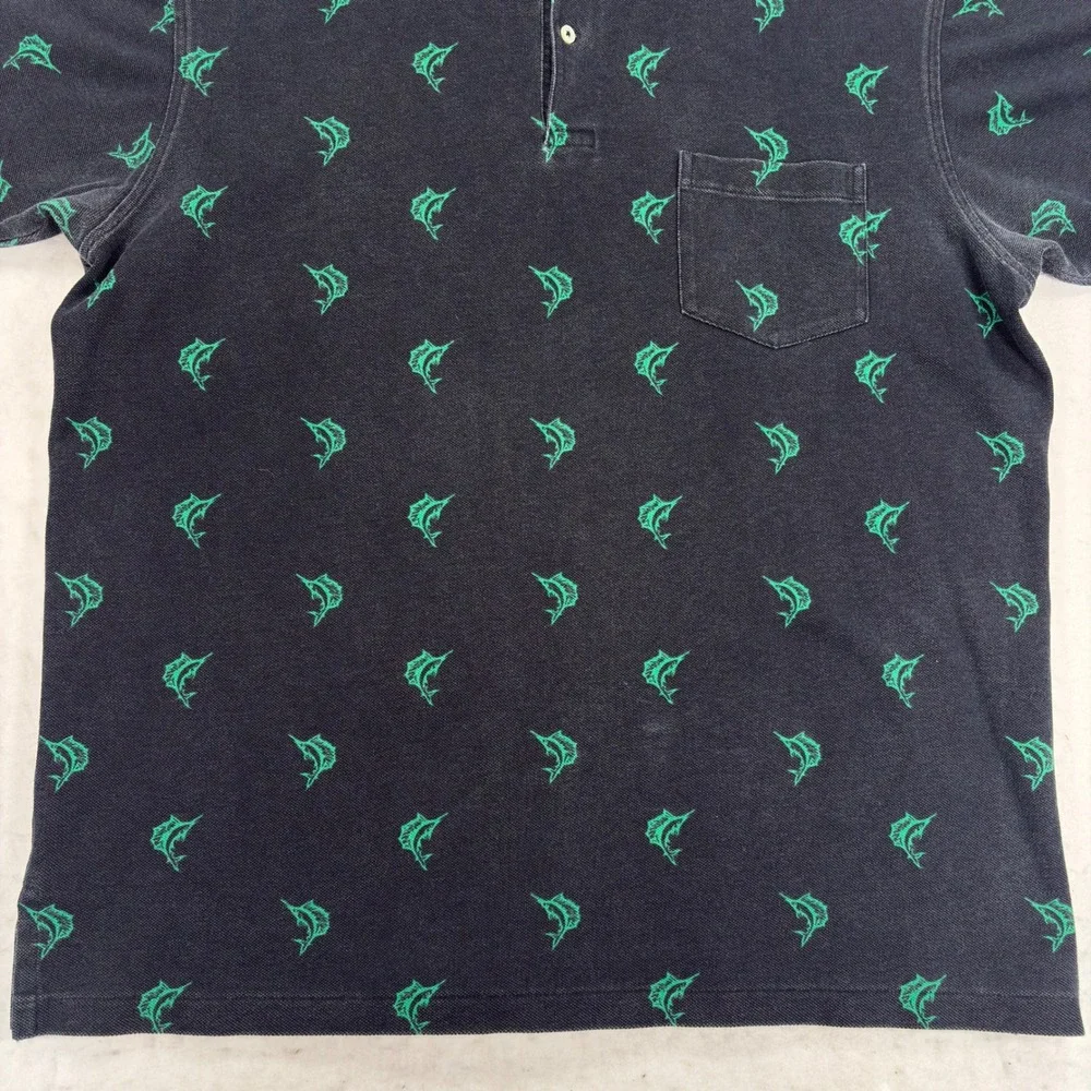Vintage Polo Ralph Lauren Marlin Fish Print Polo Shirt XL Black Green Cotton